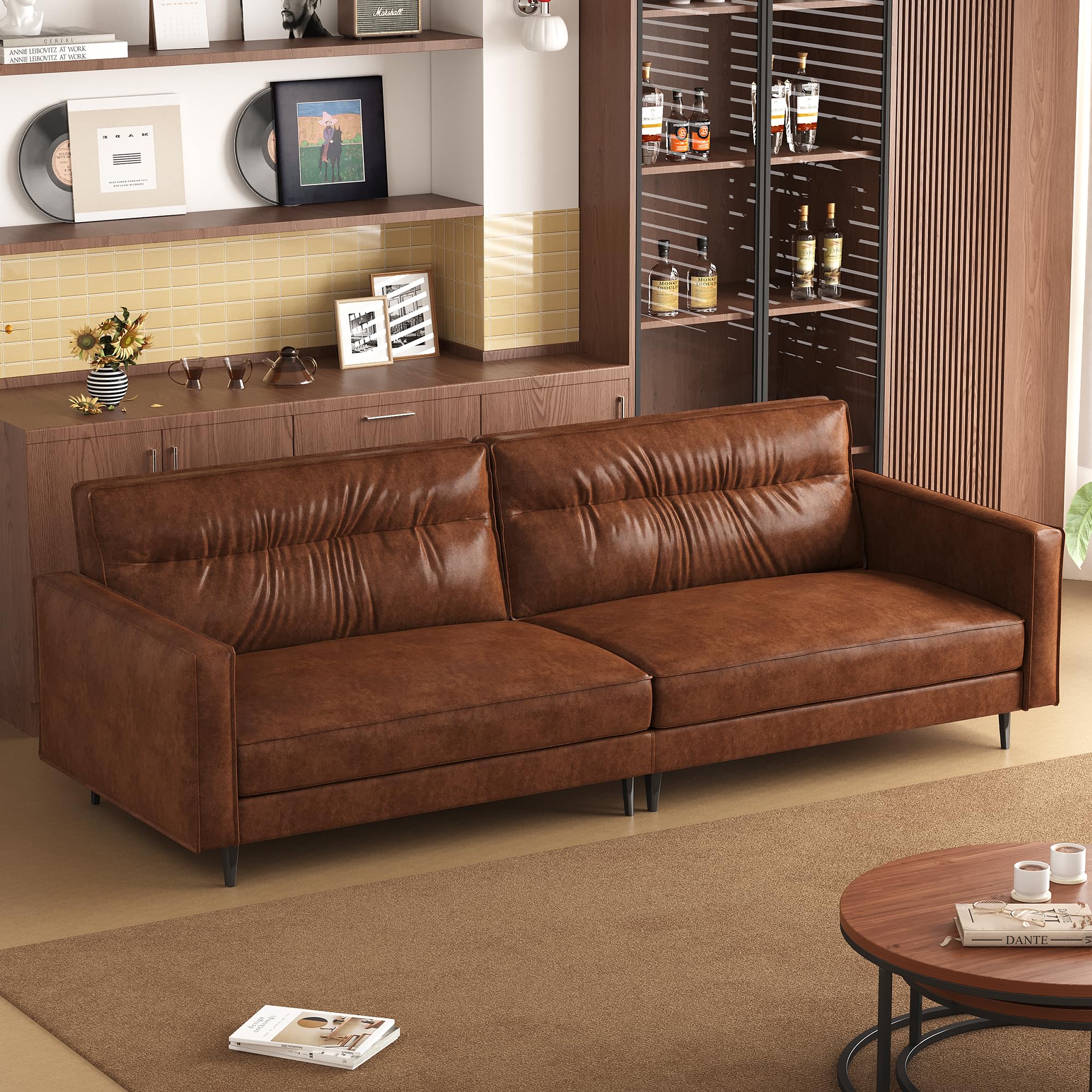 86.61" Mid-Century 3-Seater Brown Leather Sofa, Vintage Modern Couch with Removable Backrest & Cushions, Metal Legs, Comfortable Lounge Seating for Living Room, Bedroom, Apartment, Office