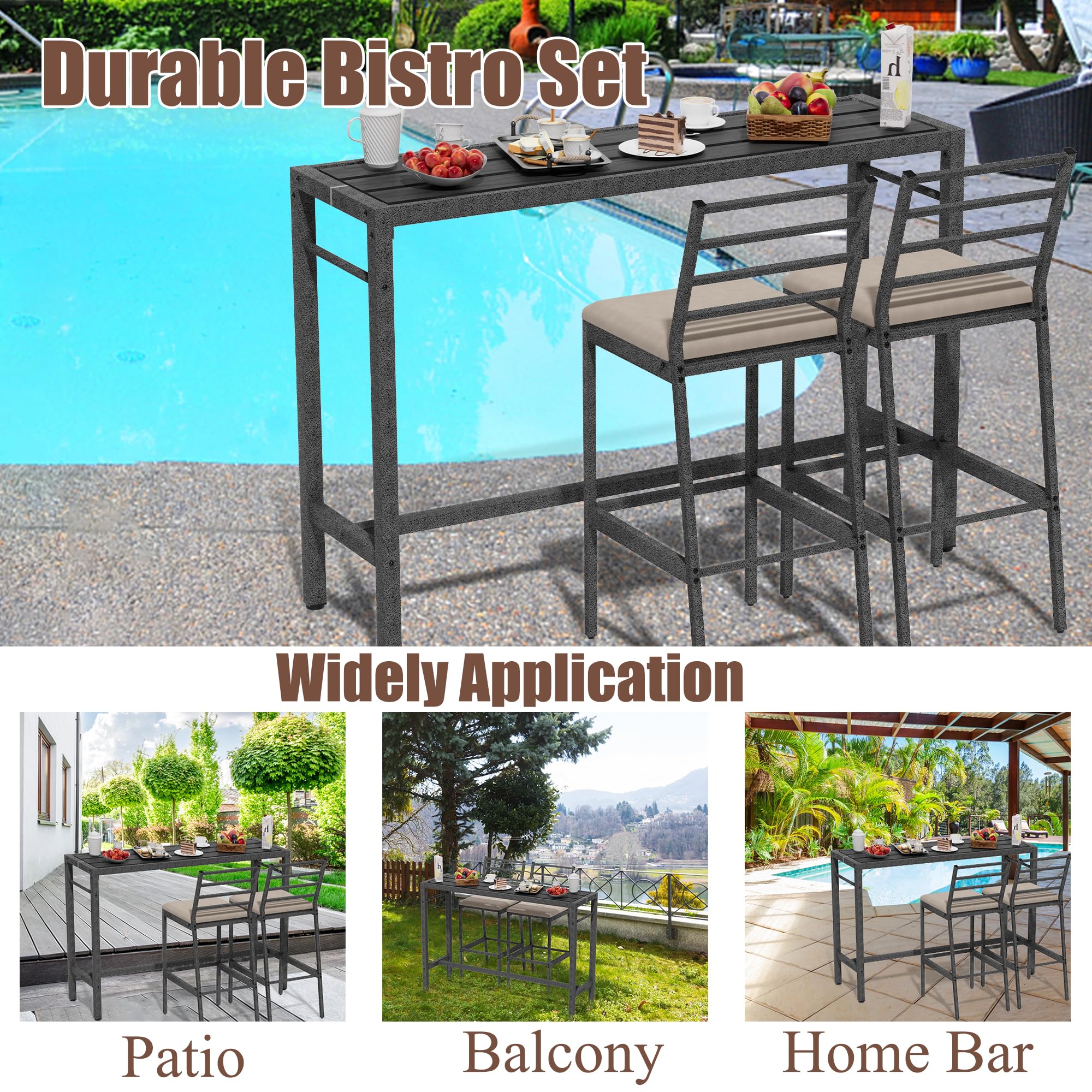 3-Piece Outdoor Bar Set with Cushioned Stools