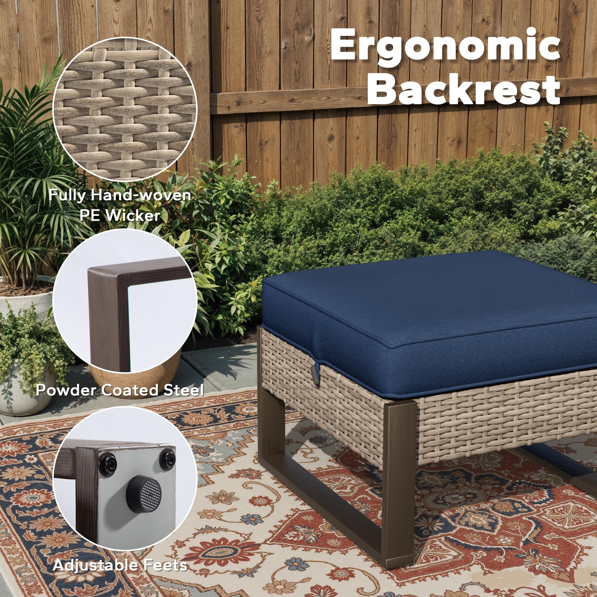 Outdoor Patio PE Rattan Ottomans with Removable Cushions