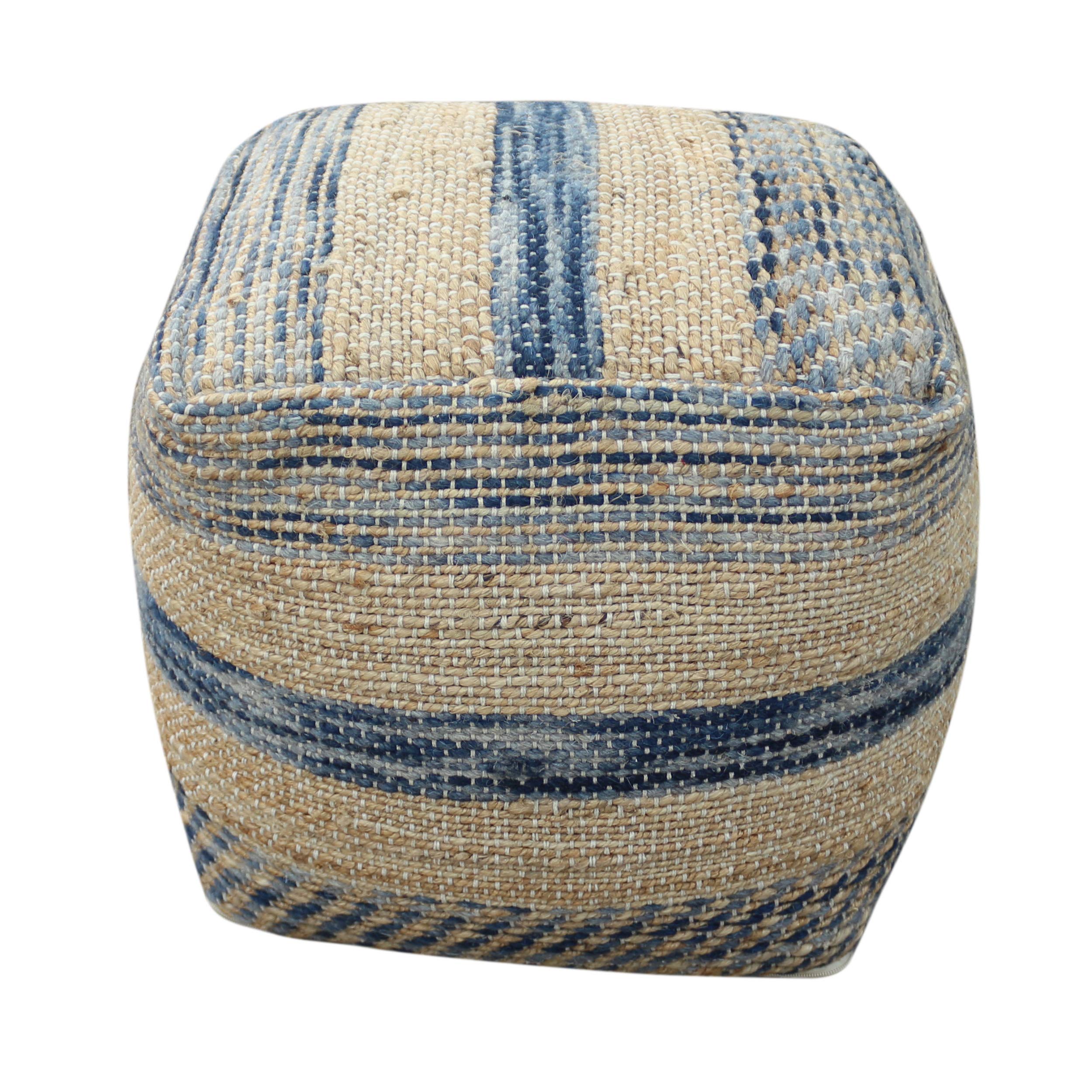 Christopher Knight Home Lola Boho Hemp and Wool Pouf, Natural and Blue