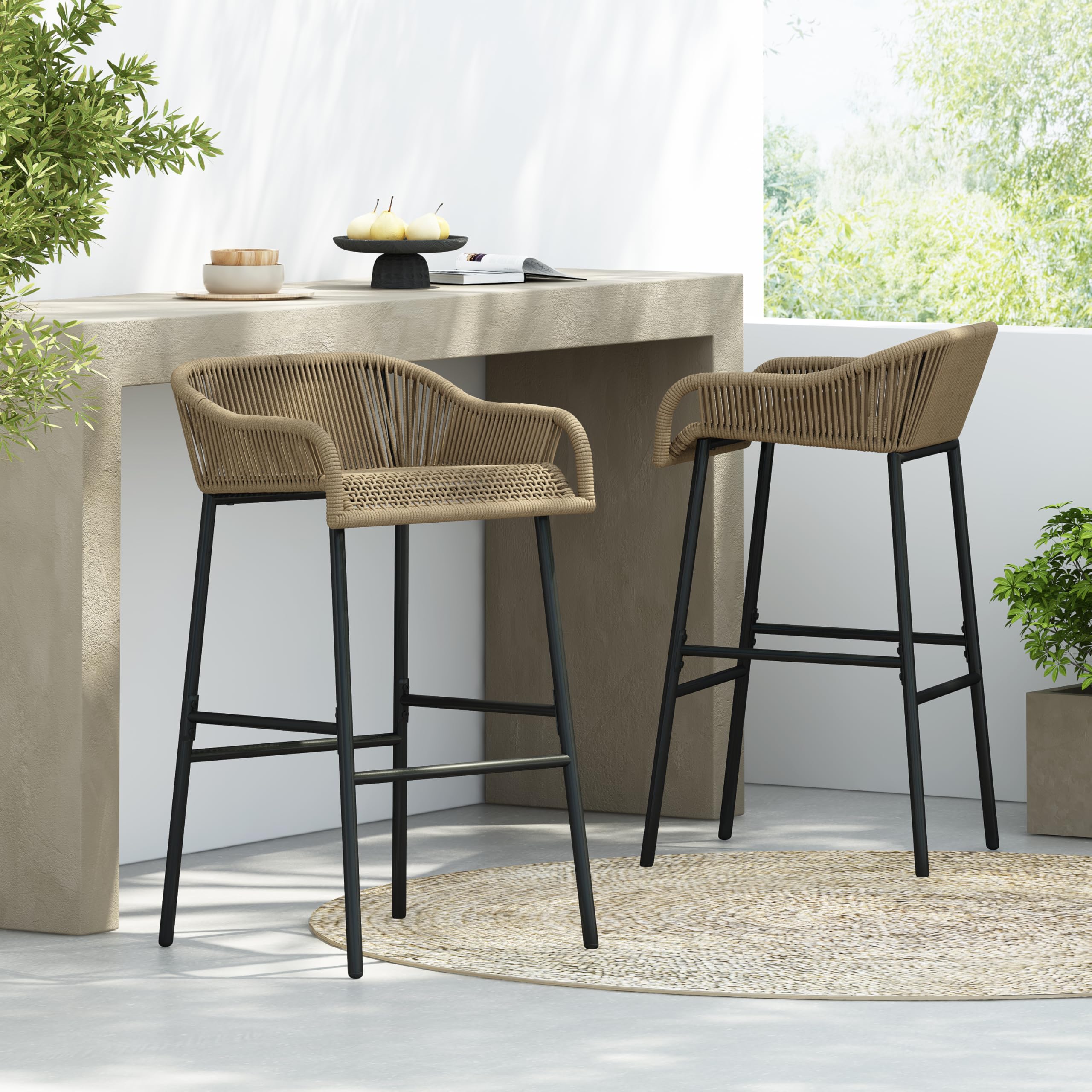 Outdoor Rope Weave Iron Barstools Set of 2