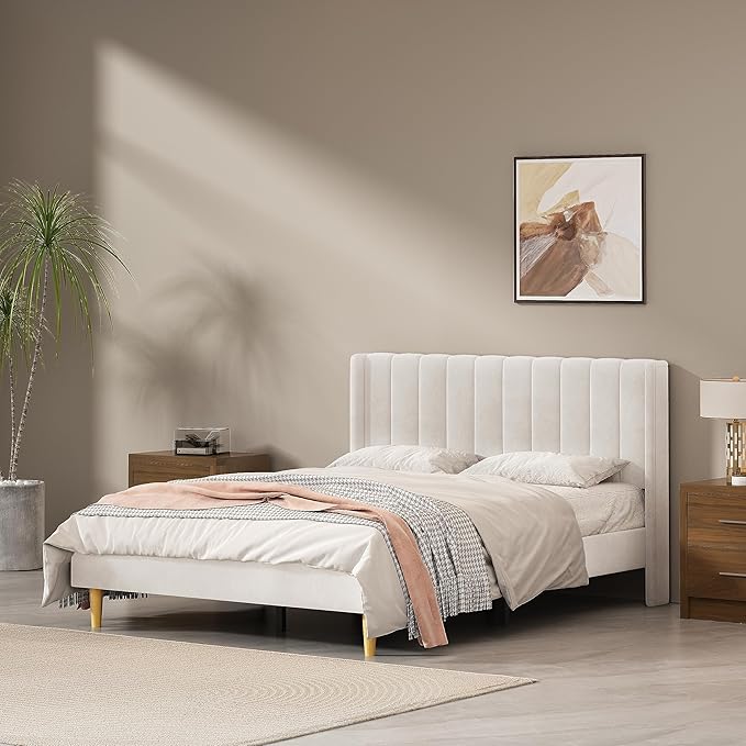 Pink Full Size Upholstered Platform Bed Frame with Wingback Headboard