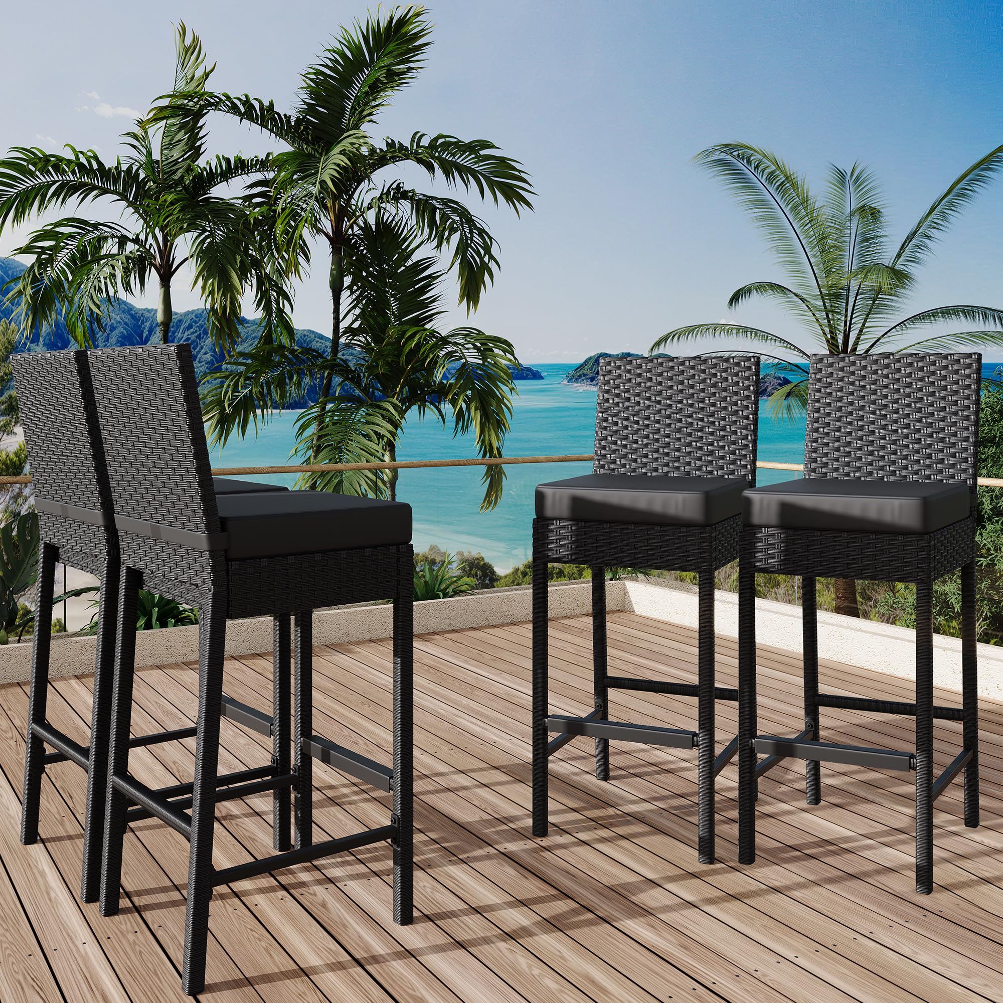 Outdoor Wicker Bar Stools Set of 2 with Cushions