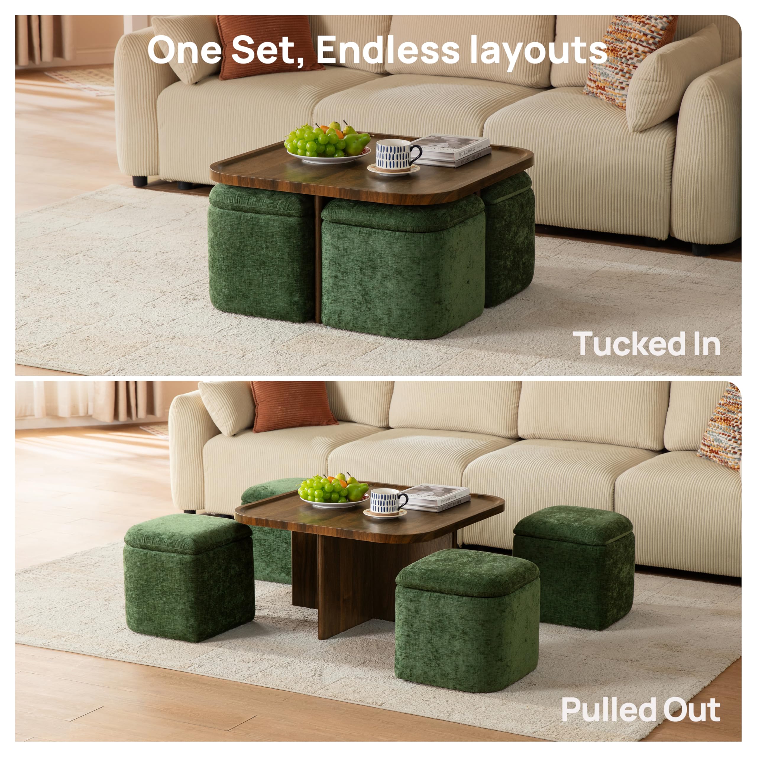 Square Coffee Table with Storage Ottomans