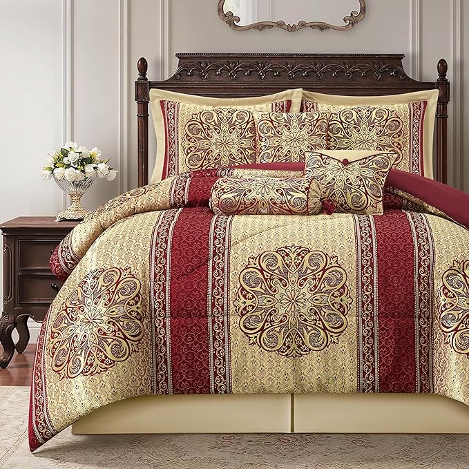 California King Comforter Set Navy Medallion Jacquard 7 Piece