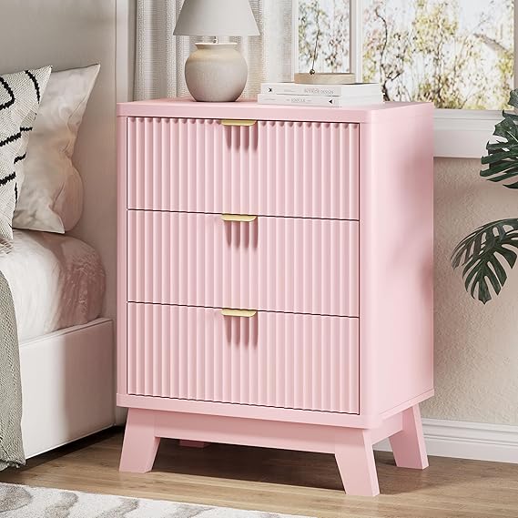 3-Drawer Fluted Nightstand with Metal Handle