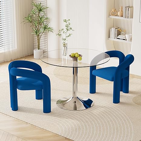 3 Piece Round Glass Dining Set with Velvet Chairs