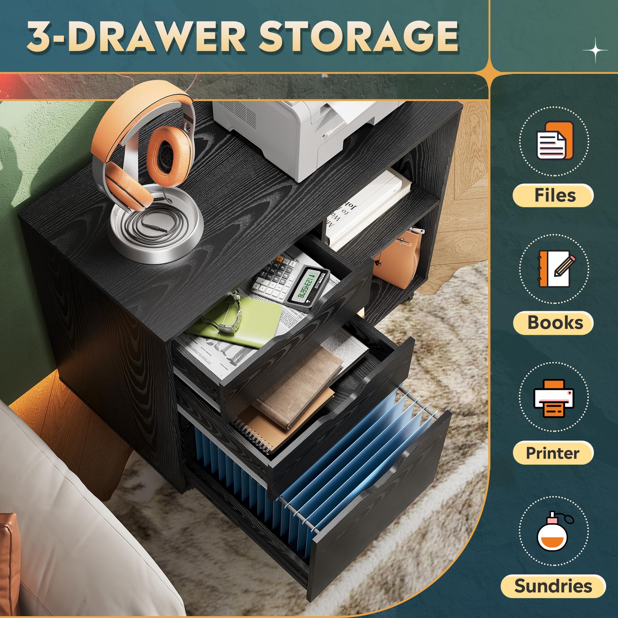 3-Drawer Mobile Lateral File Cabinet with Printer Stand
