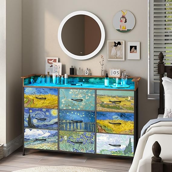 9-Drawer Dresser with LED Lights and Charging Station