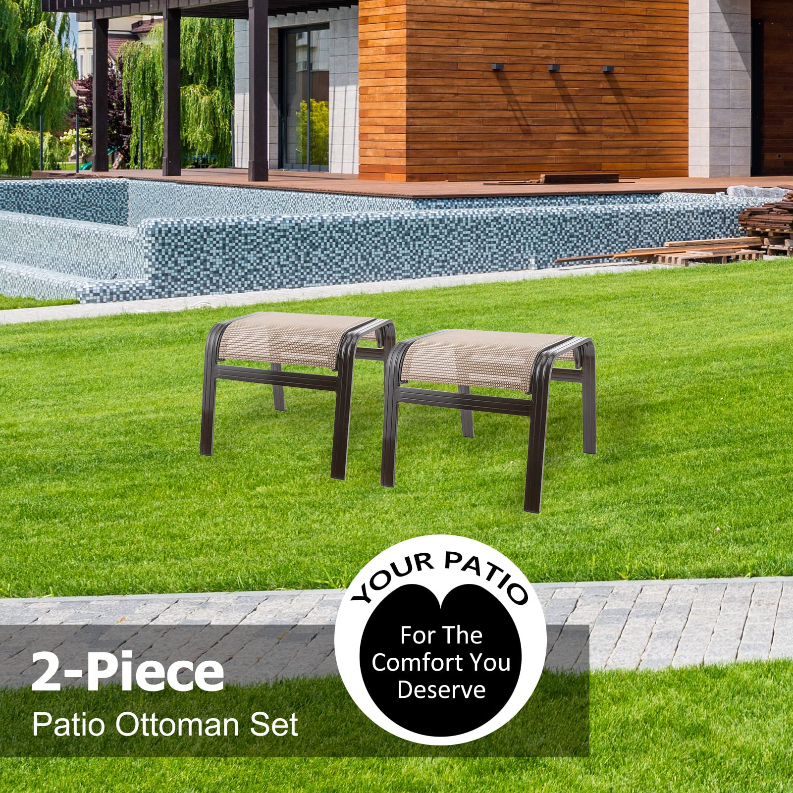 Outdoor Ottoman Set of 2 - Textilene Aluminum Footstools
