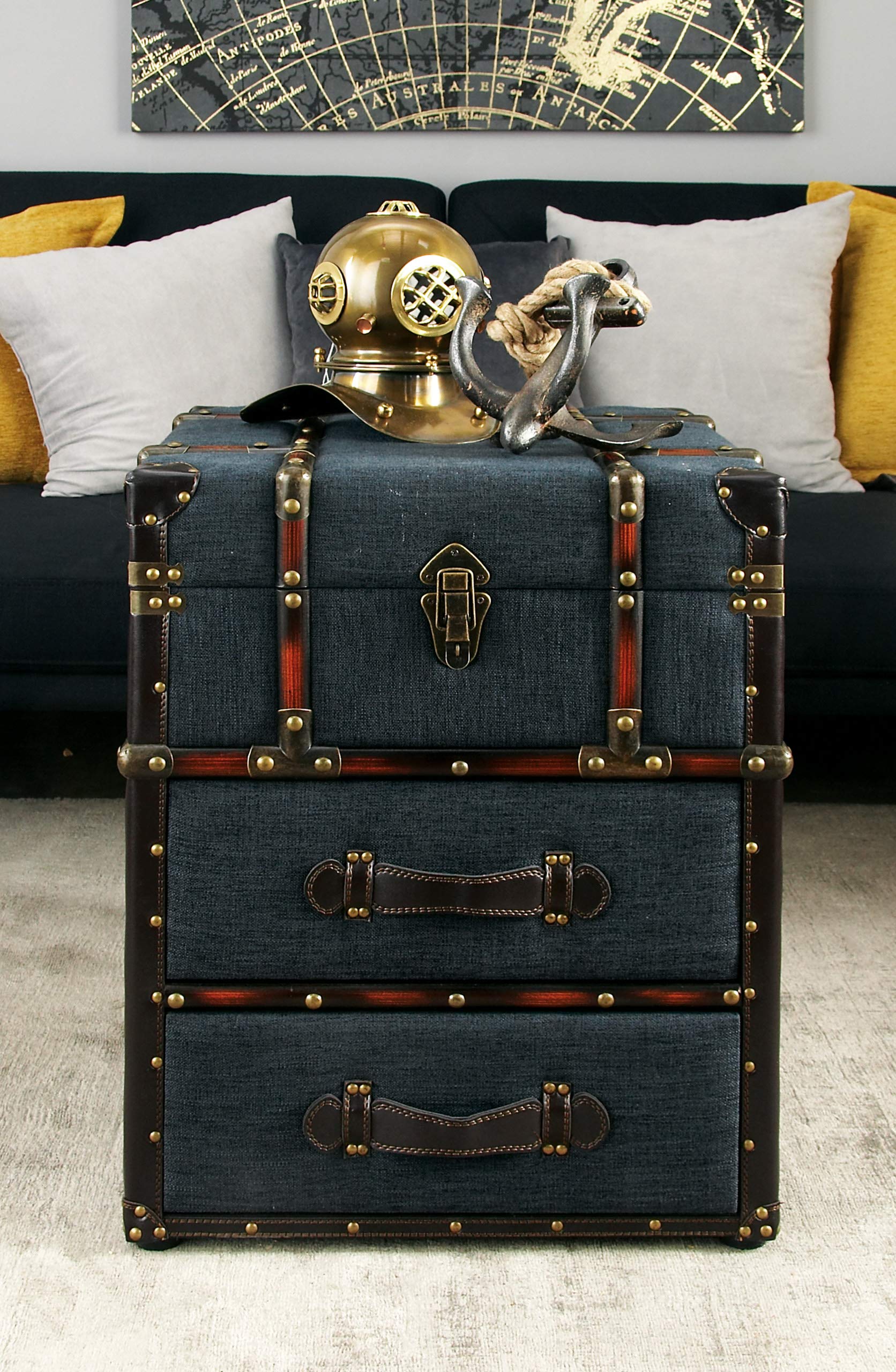 Blue Linen Upholstered 2-Drawer Accent Table