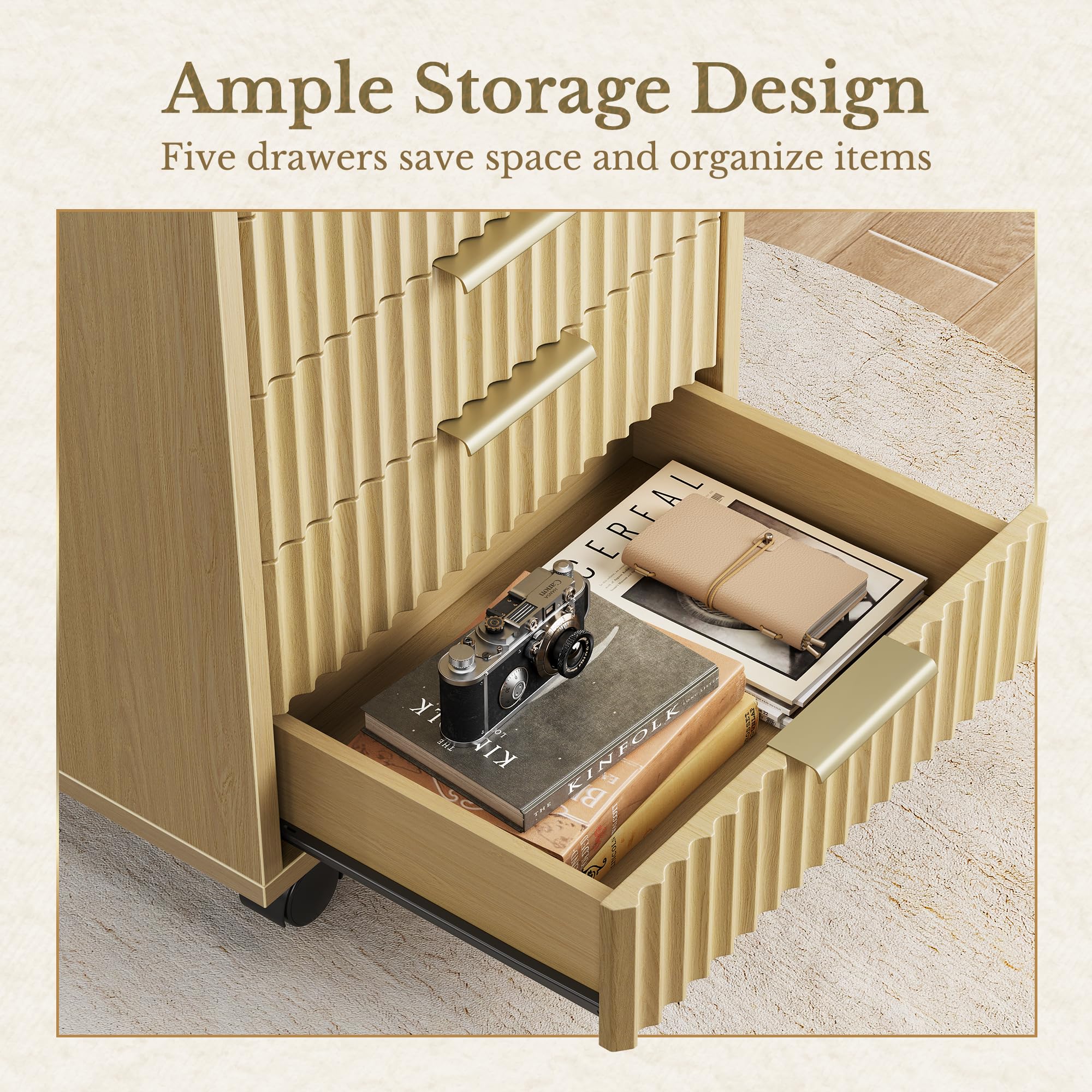 Perledesign Home Office Furniture Set, Fluted Wooden File Cabinet with Locable Wheels, Filing Cabinet with 5 Drawers for Home Office, Light Walnut