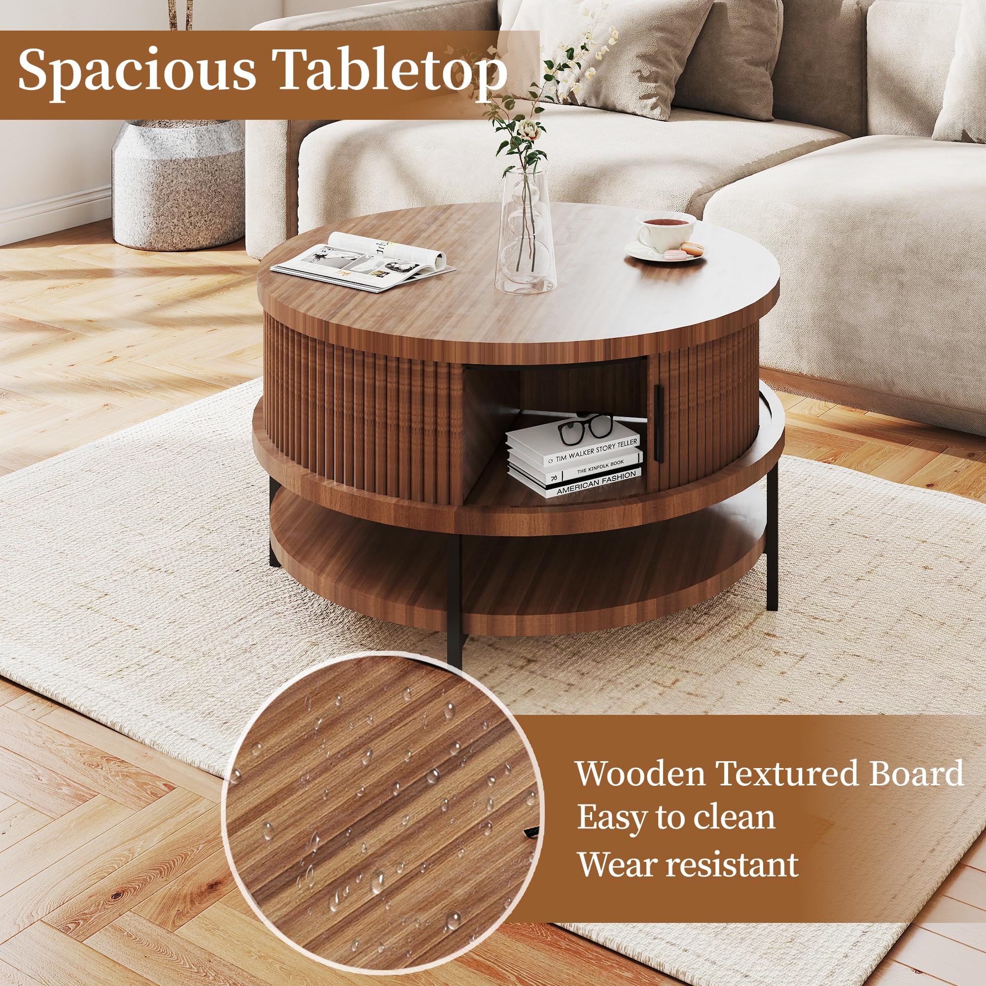 Round Flip Top Coffee Table with Storage
