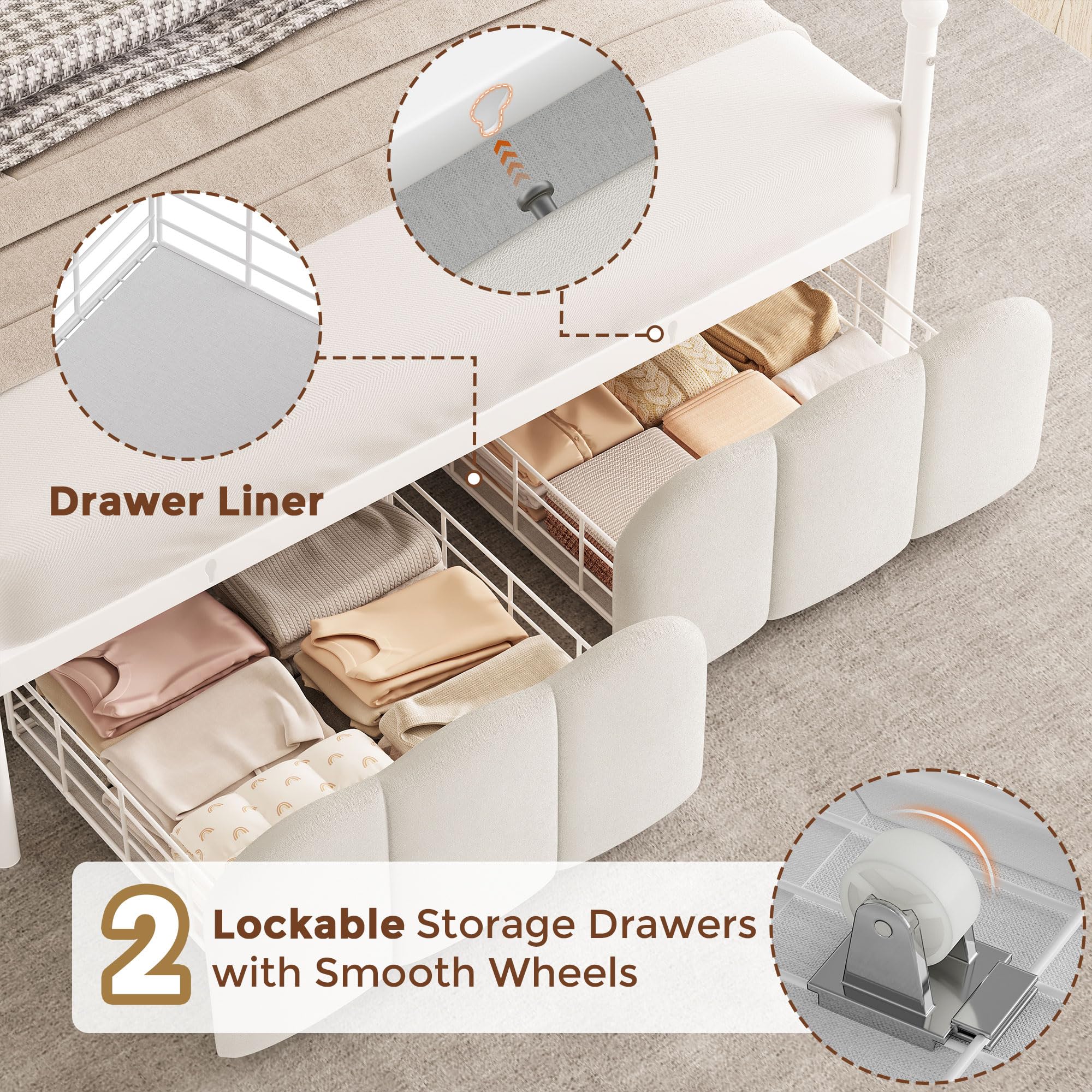 Full Velvet Upholstered LED Canopy Bed Frame with 2 Storage Drawers and Charging Station, Crown Headboard with Bookshelf, Two-Use Princess Platform Bed with 4 Removable Posts,Metal Slats Support-Beige