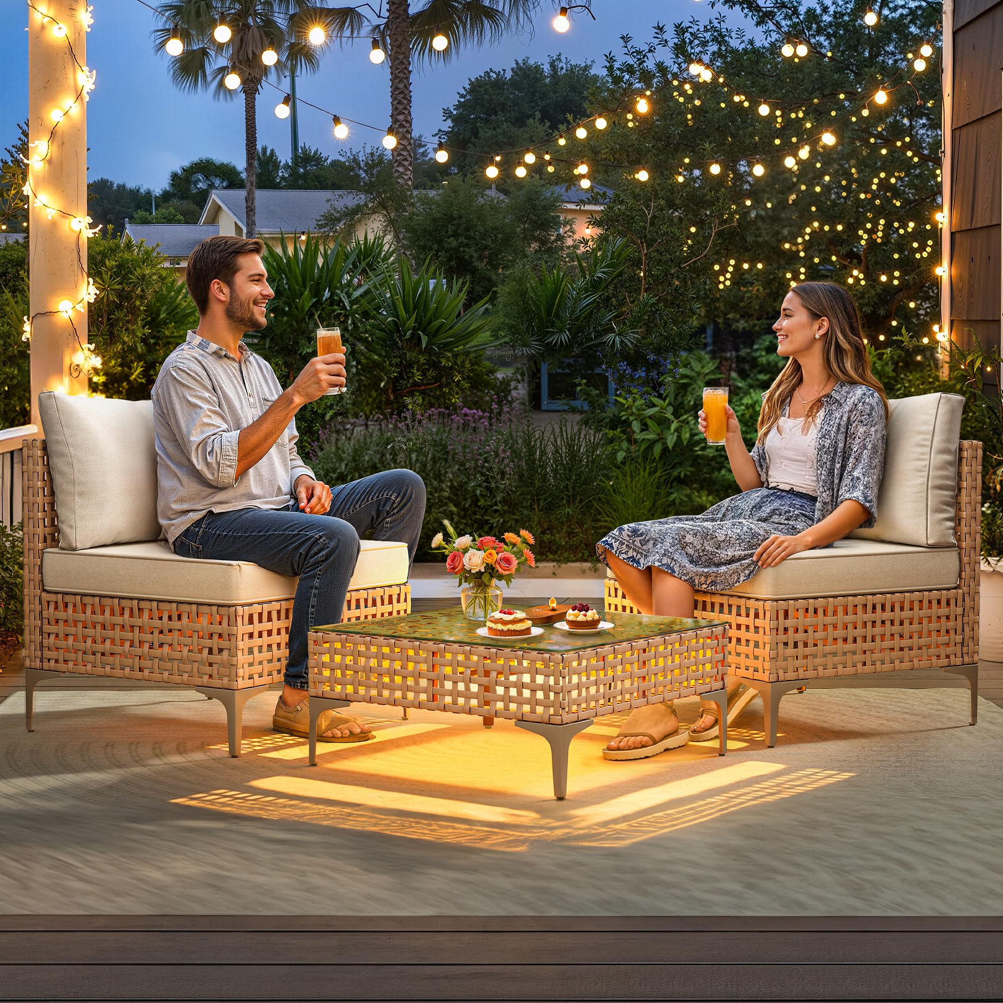 3-Piece Wicker Patio Furniture Set with Solar Light Table