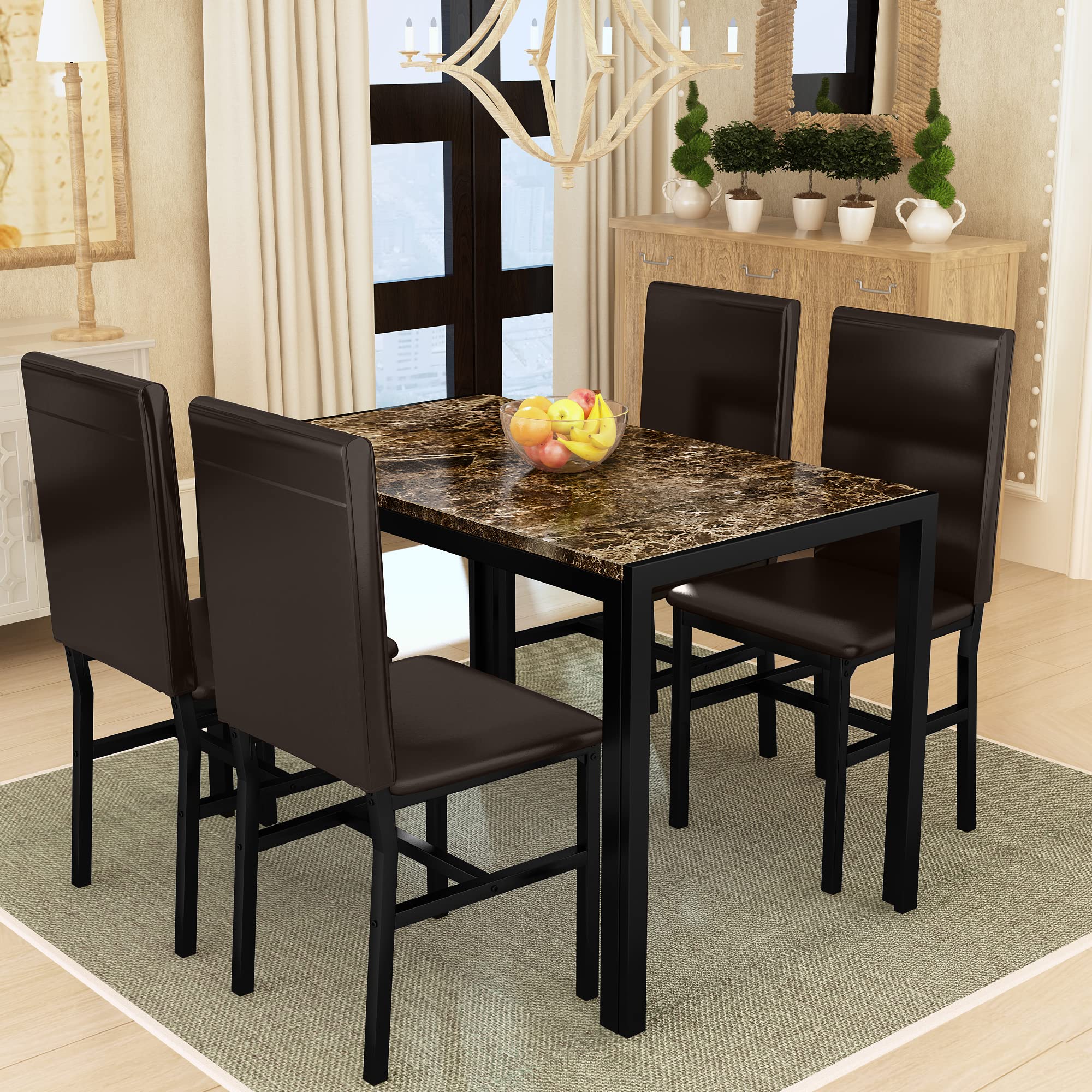 4-Piece Faux Marble Dining Table Set with PU Leather Chairs