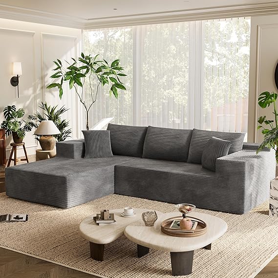 Homall 108" Modular Sectional Sofa, Boneless Couch with L-Shape Chaise, Cloud Couch with Deep Seat Upholstered, No Assembly Required for Living Room, Bedroom (Corduroy, Grey)