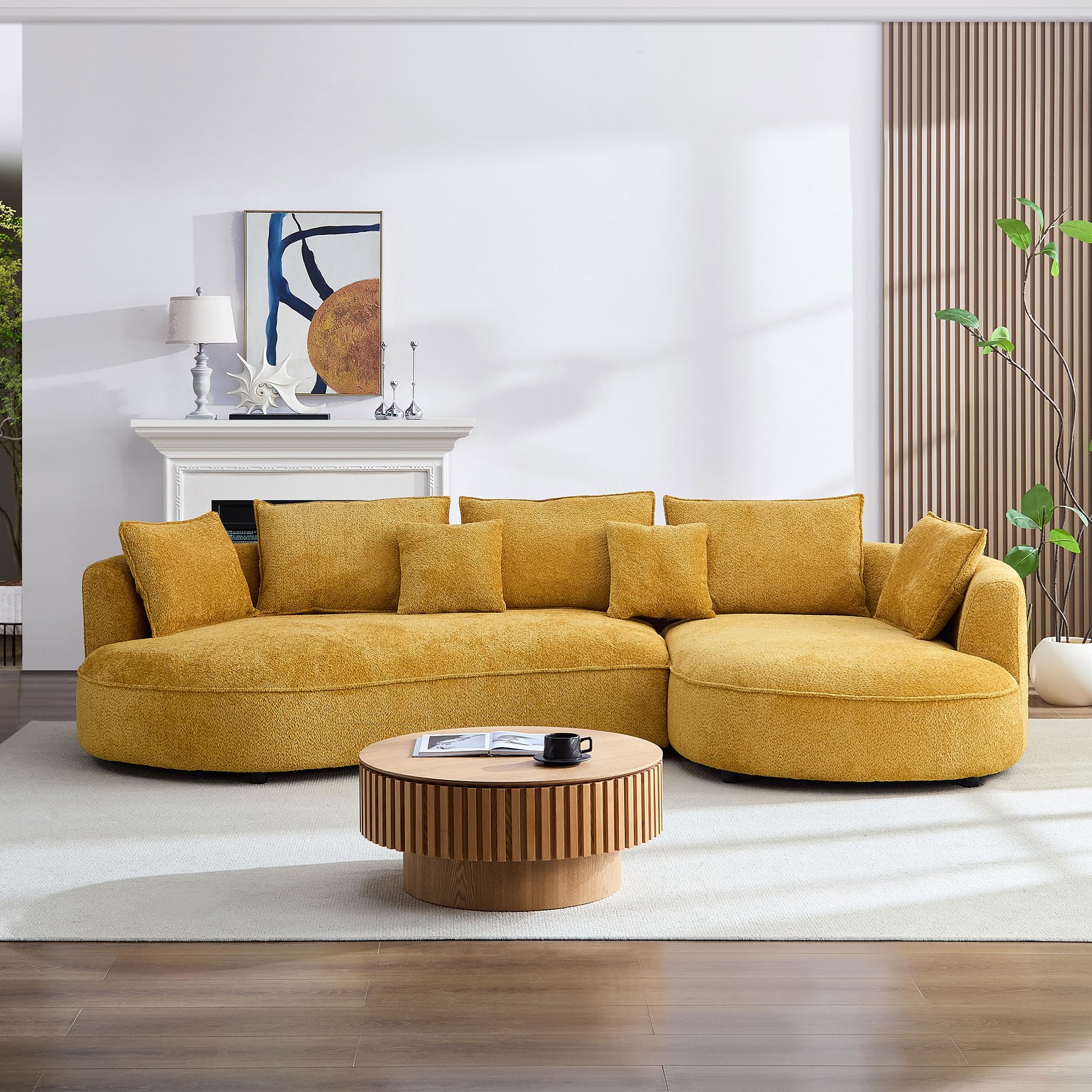 KEIKI 125" Luxury Curved Boucle Sectional Sofa with Right Chaise, Upholstered Modern Style Oversized 5-Seater Couch with Thickened Seat Cushions, Easy Assembly, for Apartment, Living Room, Yellow