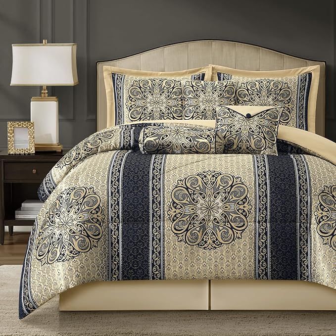 California King Comforter Set Navy Medallion Jacquard 7 Piece