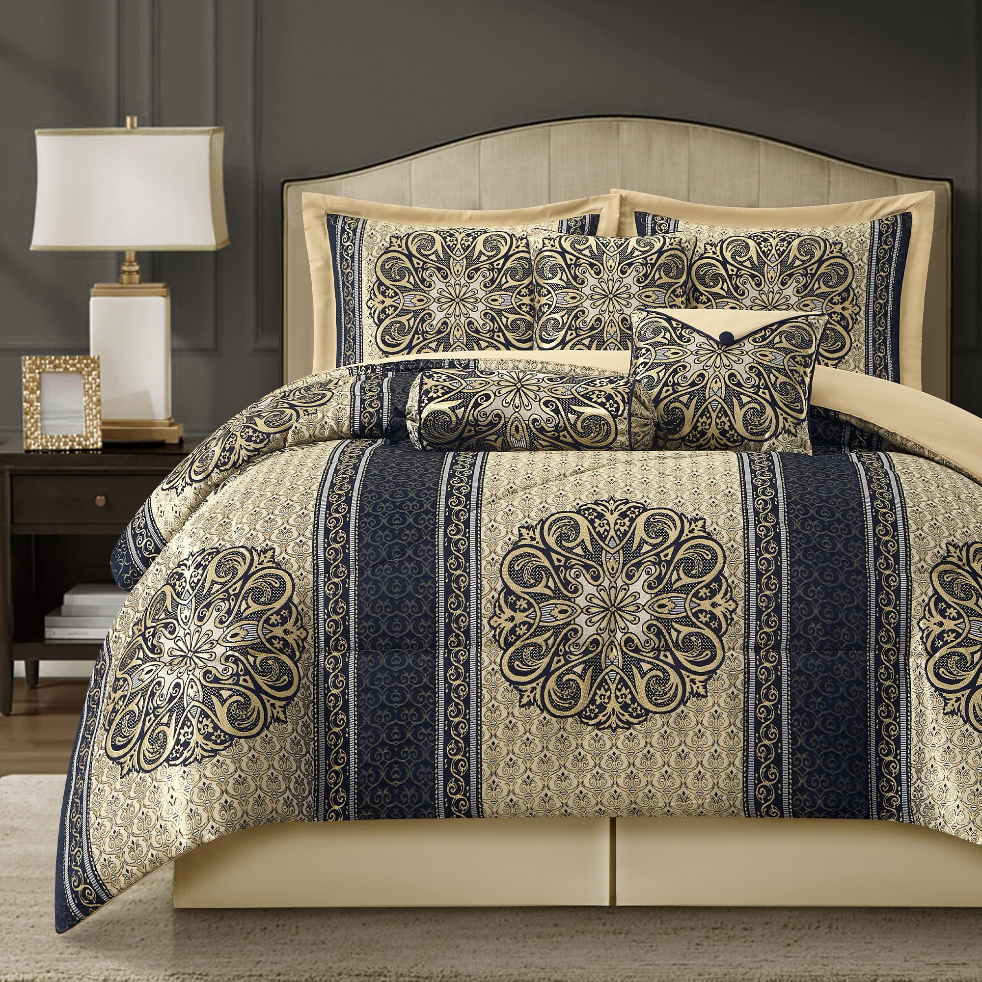 California King Comforter Set Navy Medallion Jacquard 7 Piece