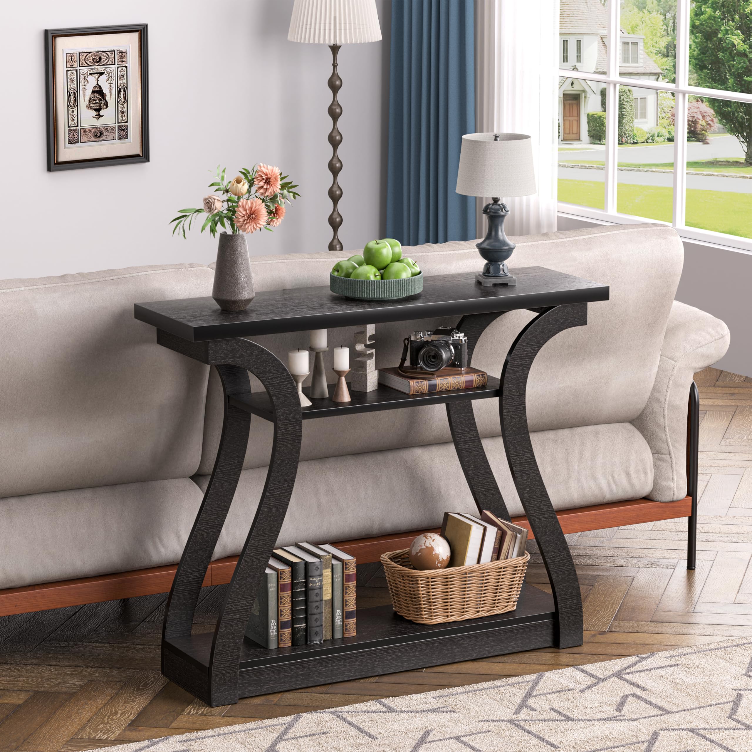 Wooden Console Table with Curved Legs - 3-Tier Modern Accent Sofa Table