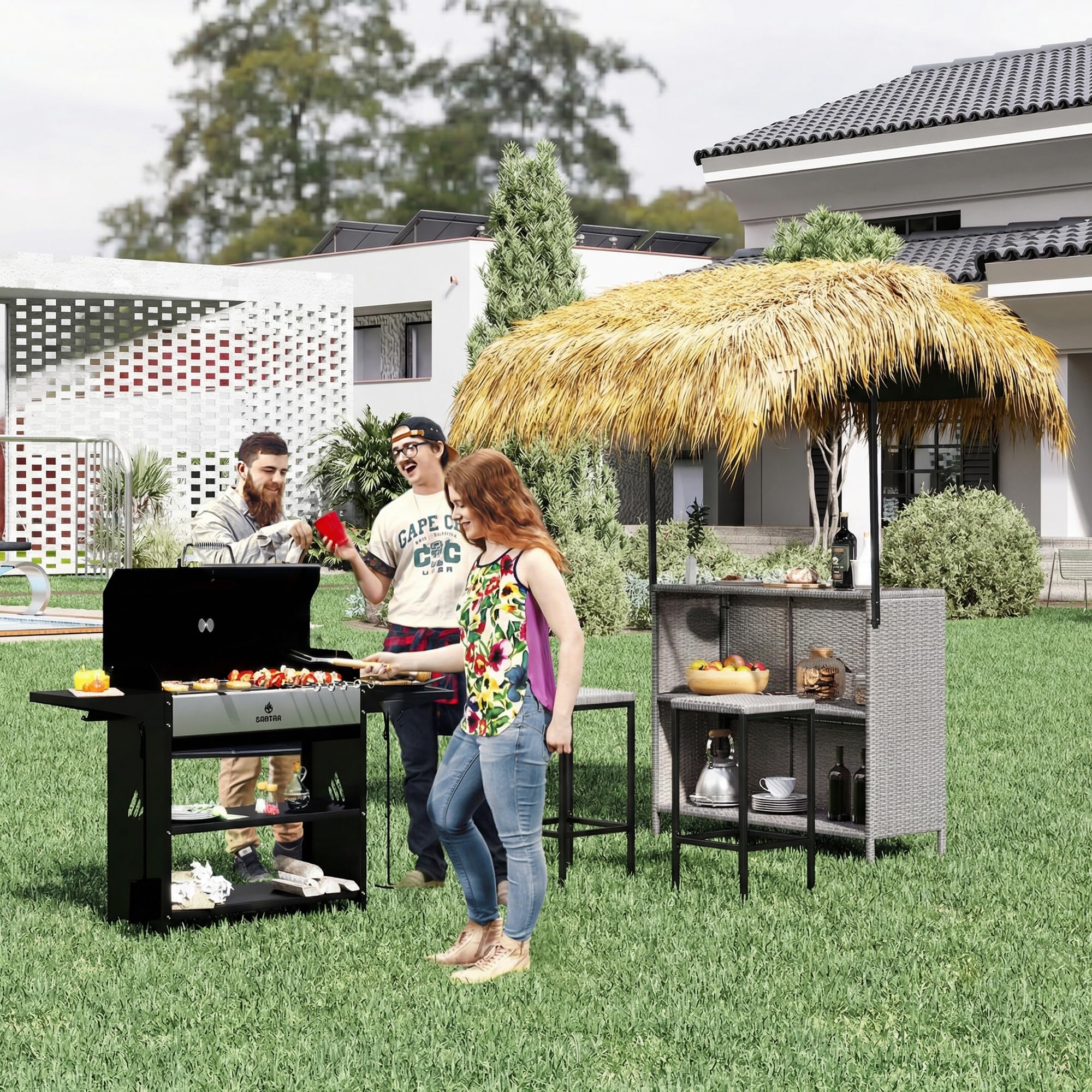Tiki Bar Outdoor Patio Set with Tempered Glass Top
