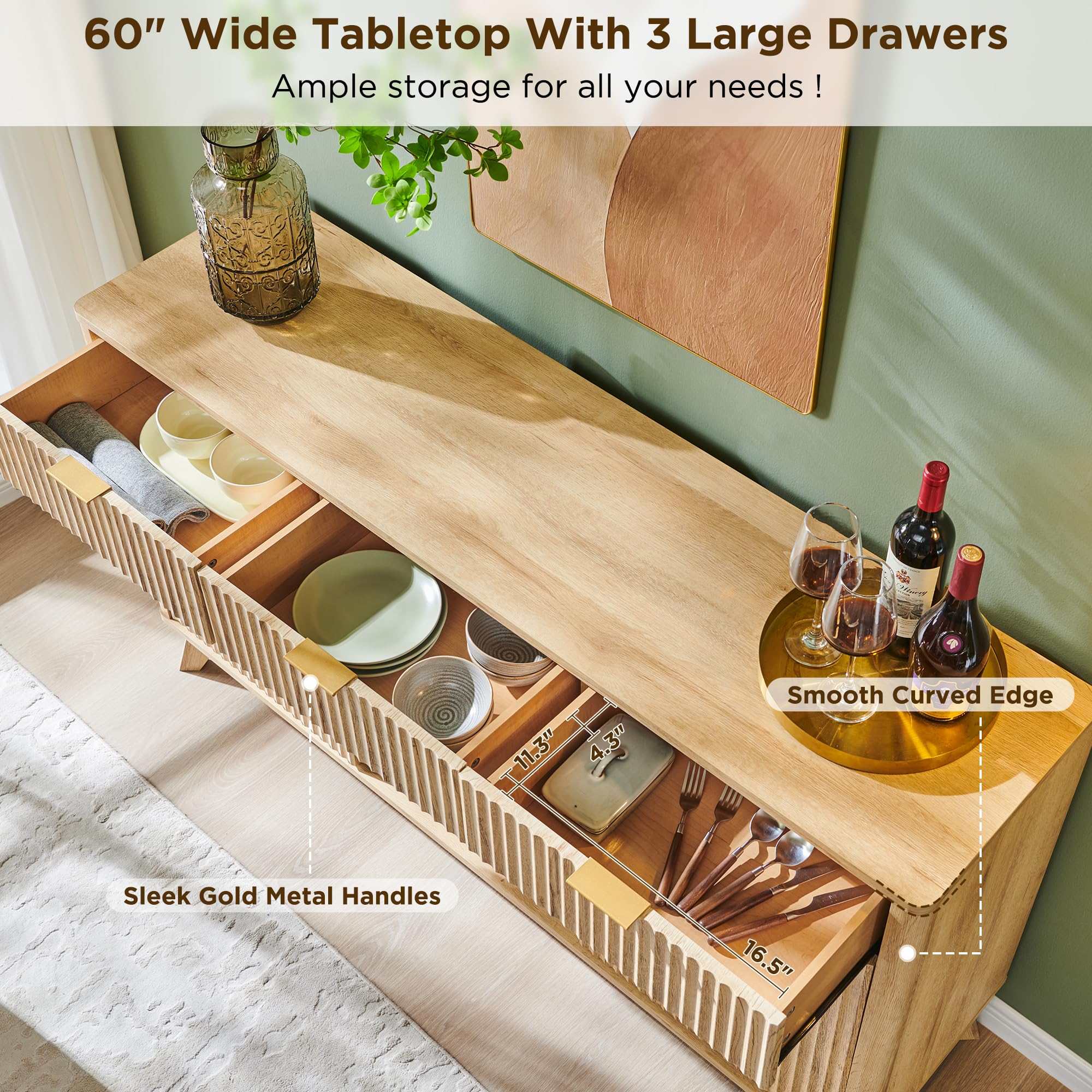 60" Fluted Buffet Cabinet with Storage