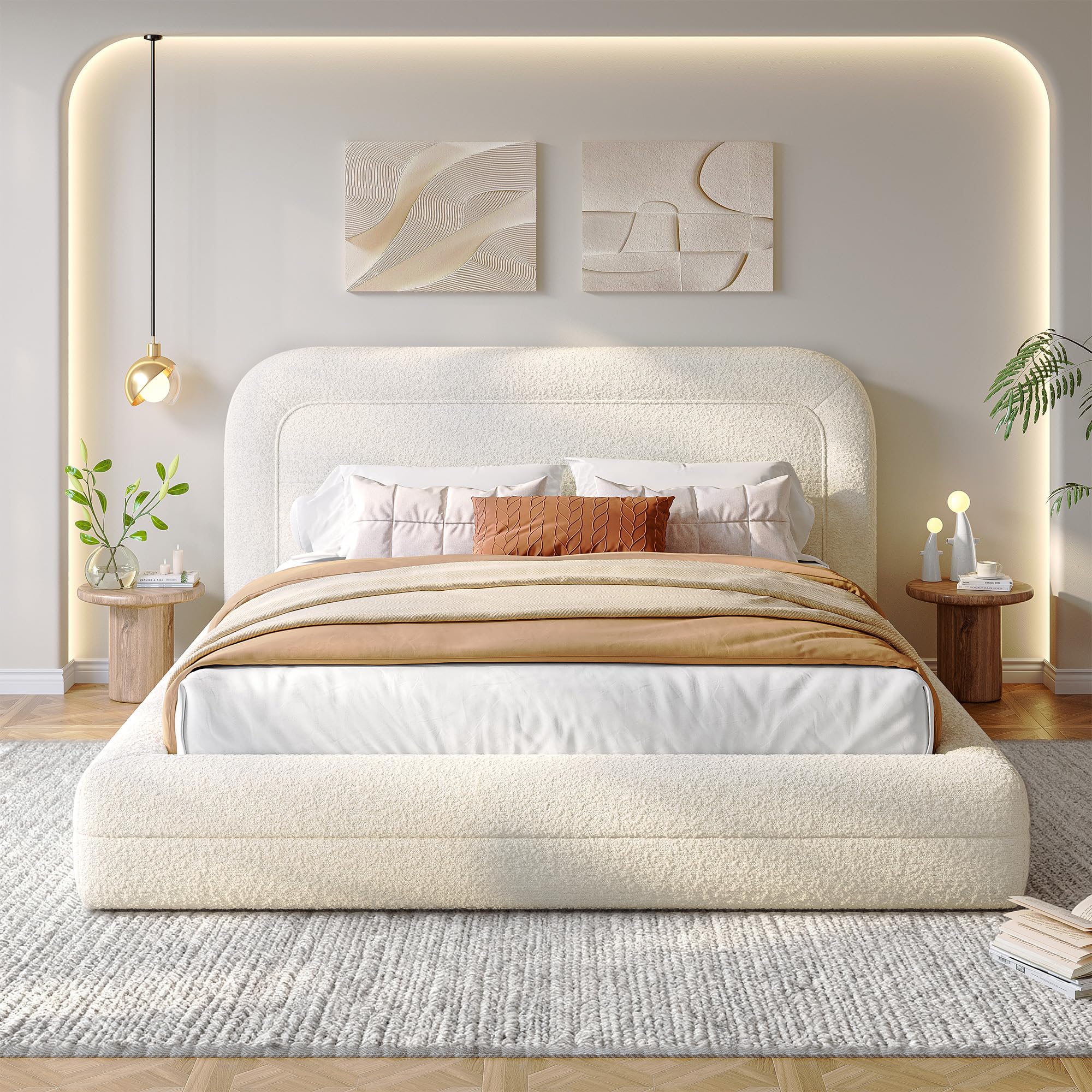 Queen Upholstered Platform Bed Frame with Curved Headboard