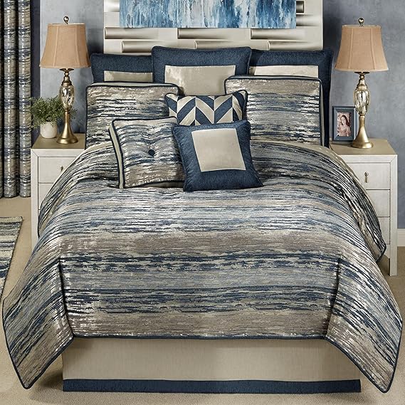 Spellbound Queen Comforter Set - Indigo Metallic Abstract Stripe