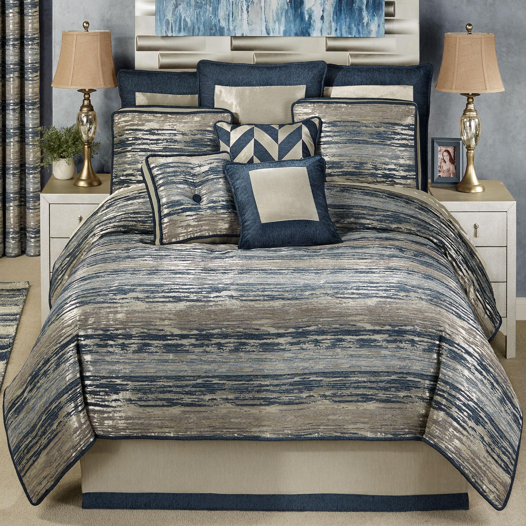 Spellbound Queen Comforter Set - Indigo Metallic Abstract Stripe