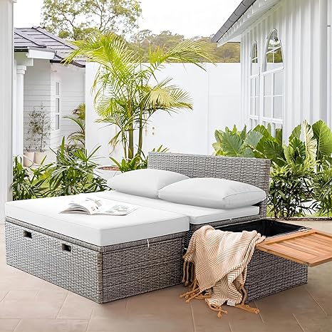 Outdoor Daybed Set with Storage Bench and Side Tables
