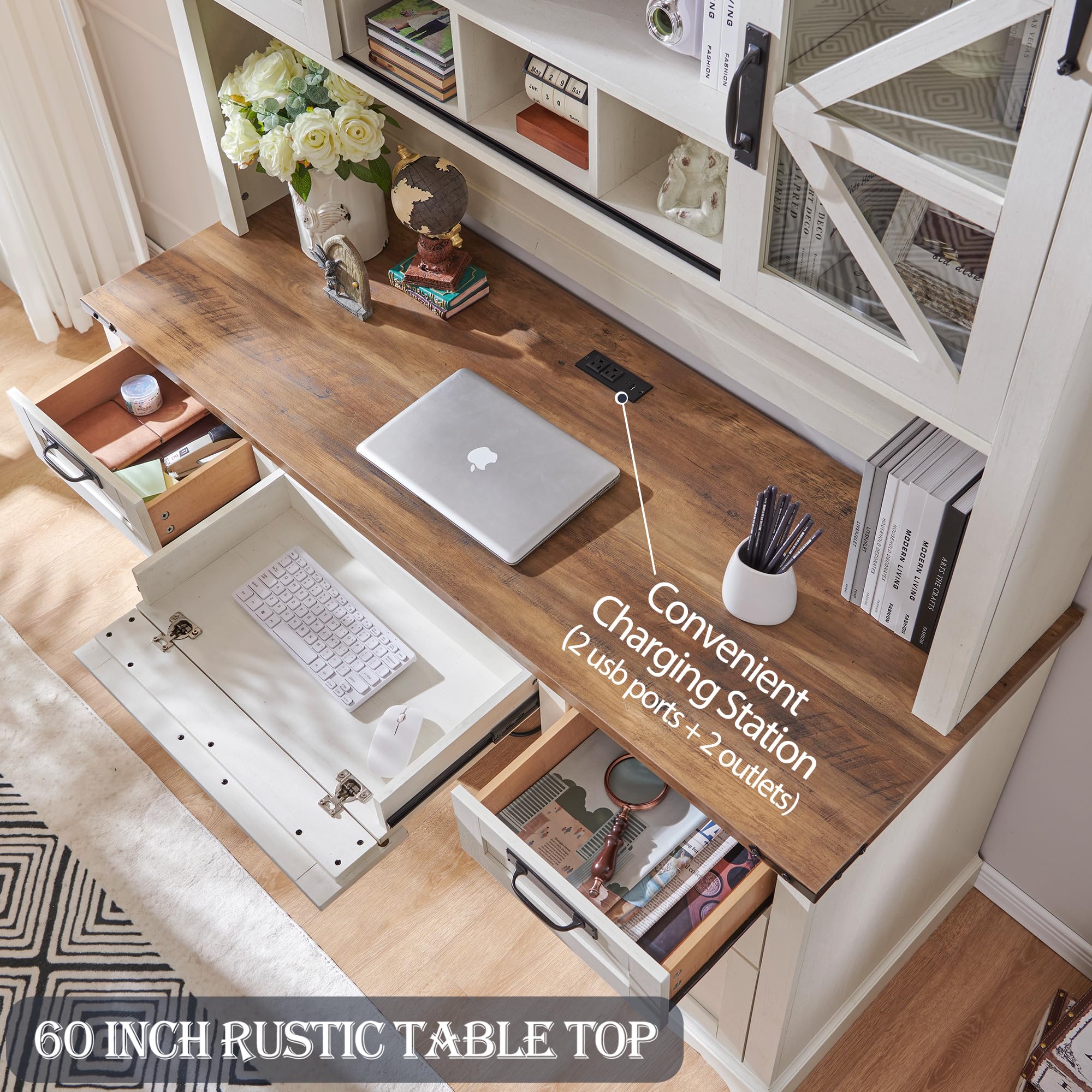 60" Farmhouse Desk with Hutch and Storage Cabinet