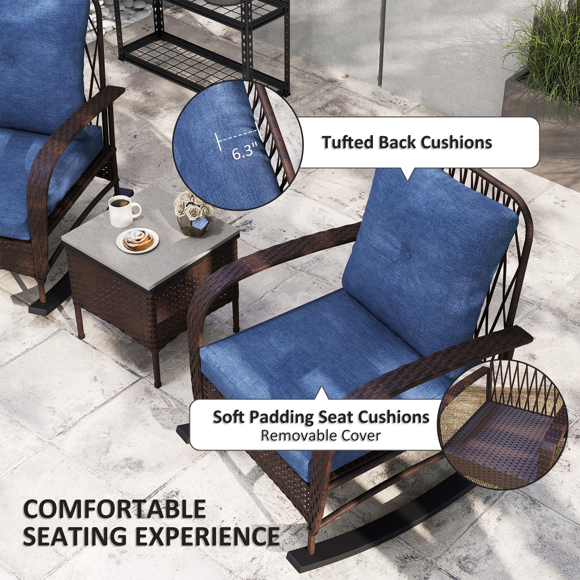 3 Piece Wicker Patio Furniture Set with Rocking Chairs