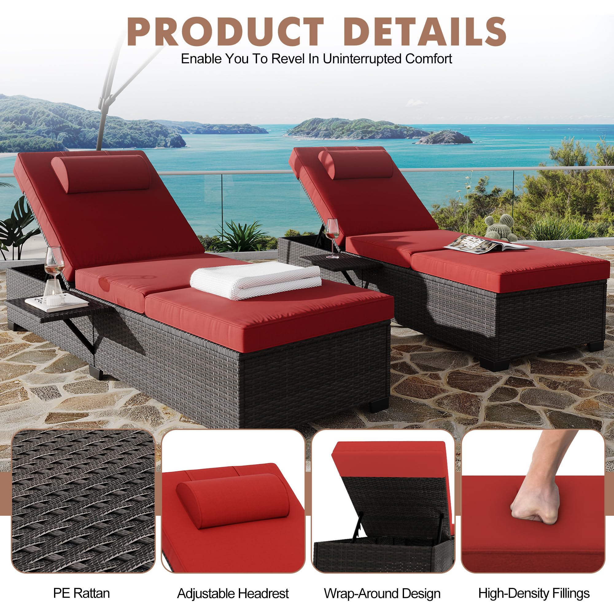 Outdoor PE Wicker Chaise Lounge Chairs Set of 2 with Adjustable Backrest