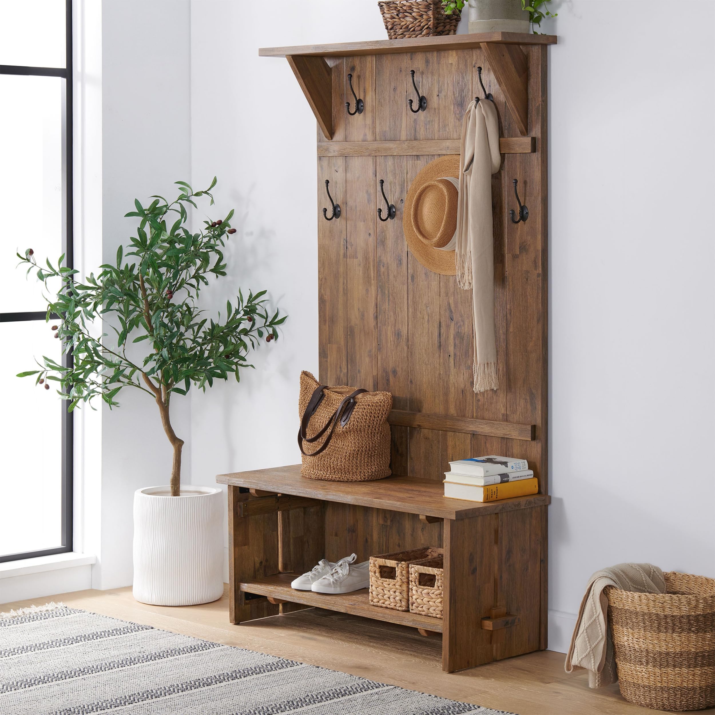 70" Acacia Wood Hall Tree with Bench & Storage