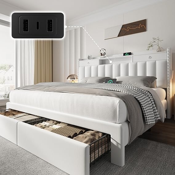Queen Bed Frame with Storage Drawers and Charging Station