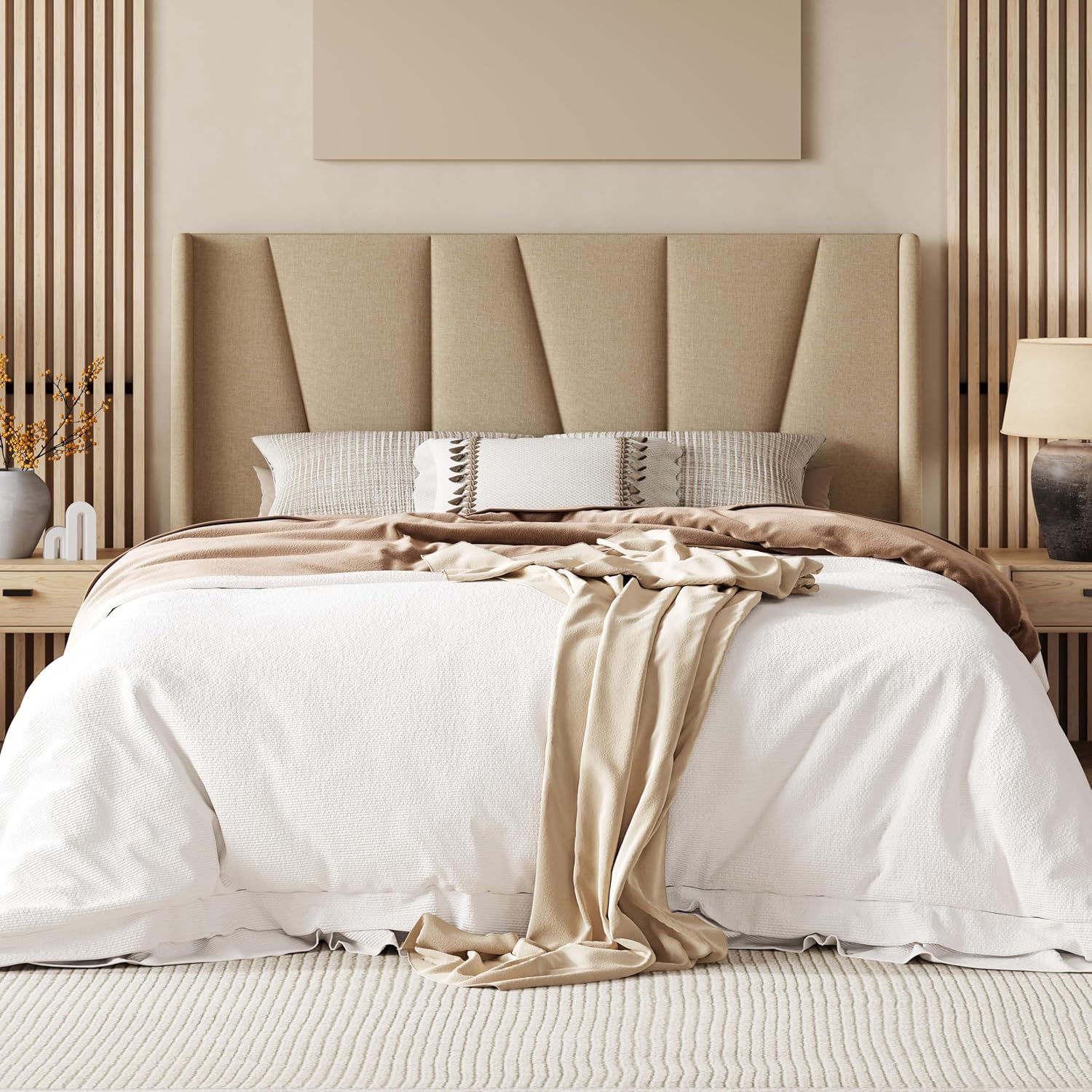 Queen Platform Bed Frame with Geometric Wingback Headboard