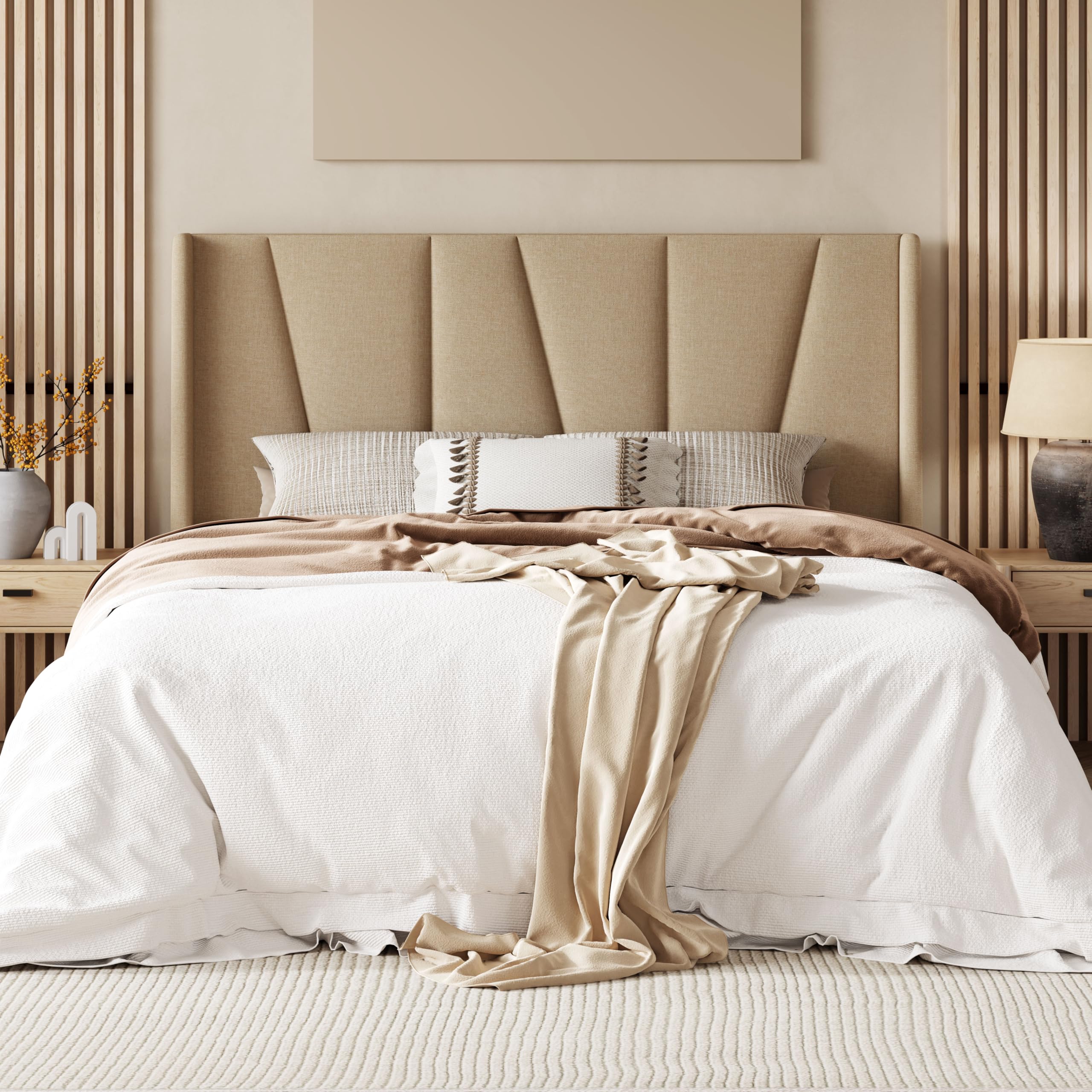 Queen Platform Bed Frame with Geometric Wingback Headboard