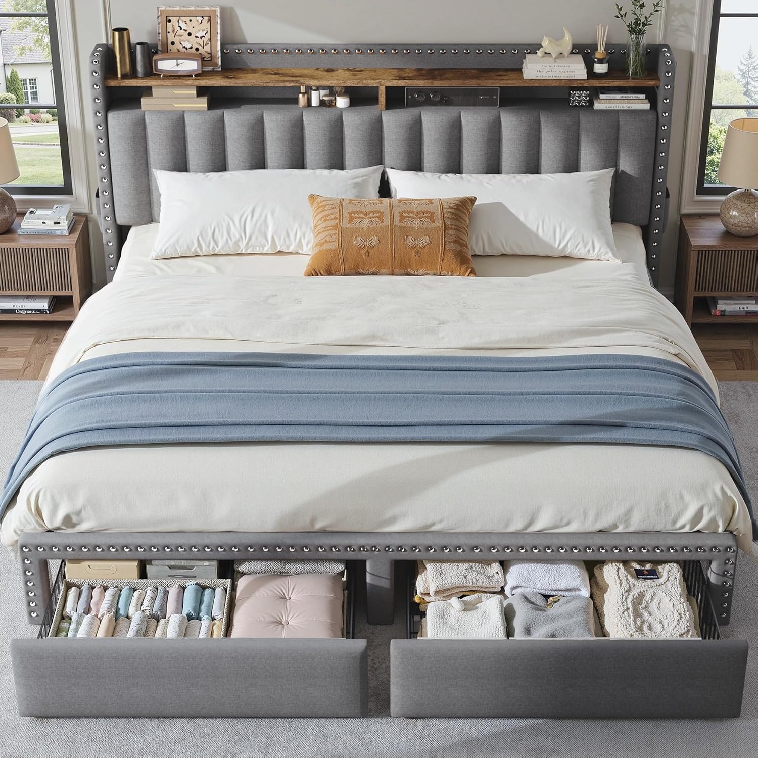 Queen Size Upholstered Bed Frame with Storage Drawers