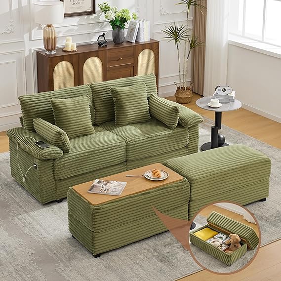 Corduroy Loveseat with Storage Ottoman and USB