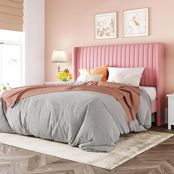 Queen Size Velvet Platform Bed Frame with Tufted Wingback Headboard