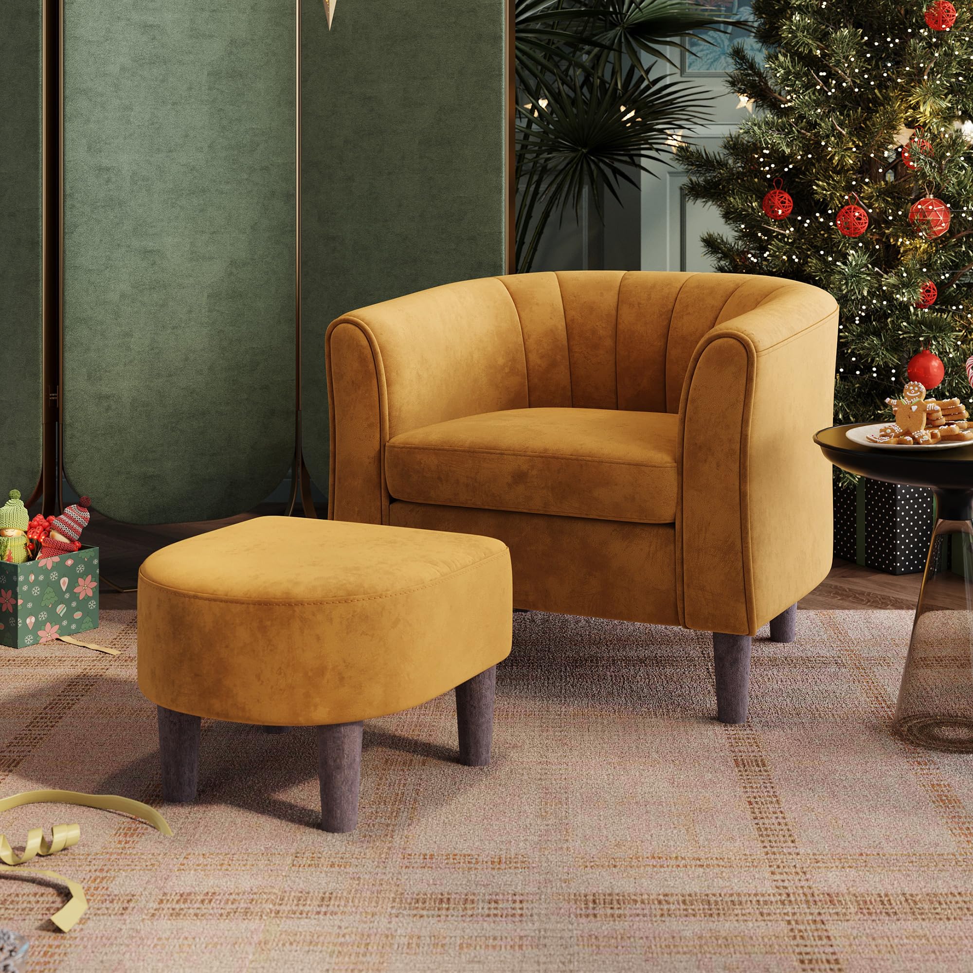 Yellow Barrel Accent Chair with Ottoman