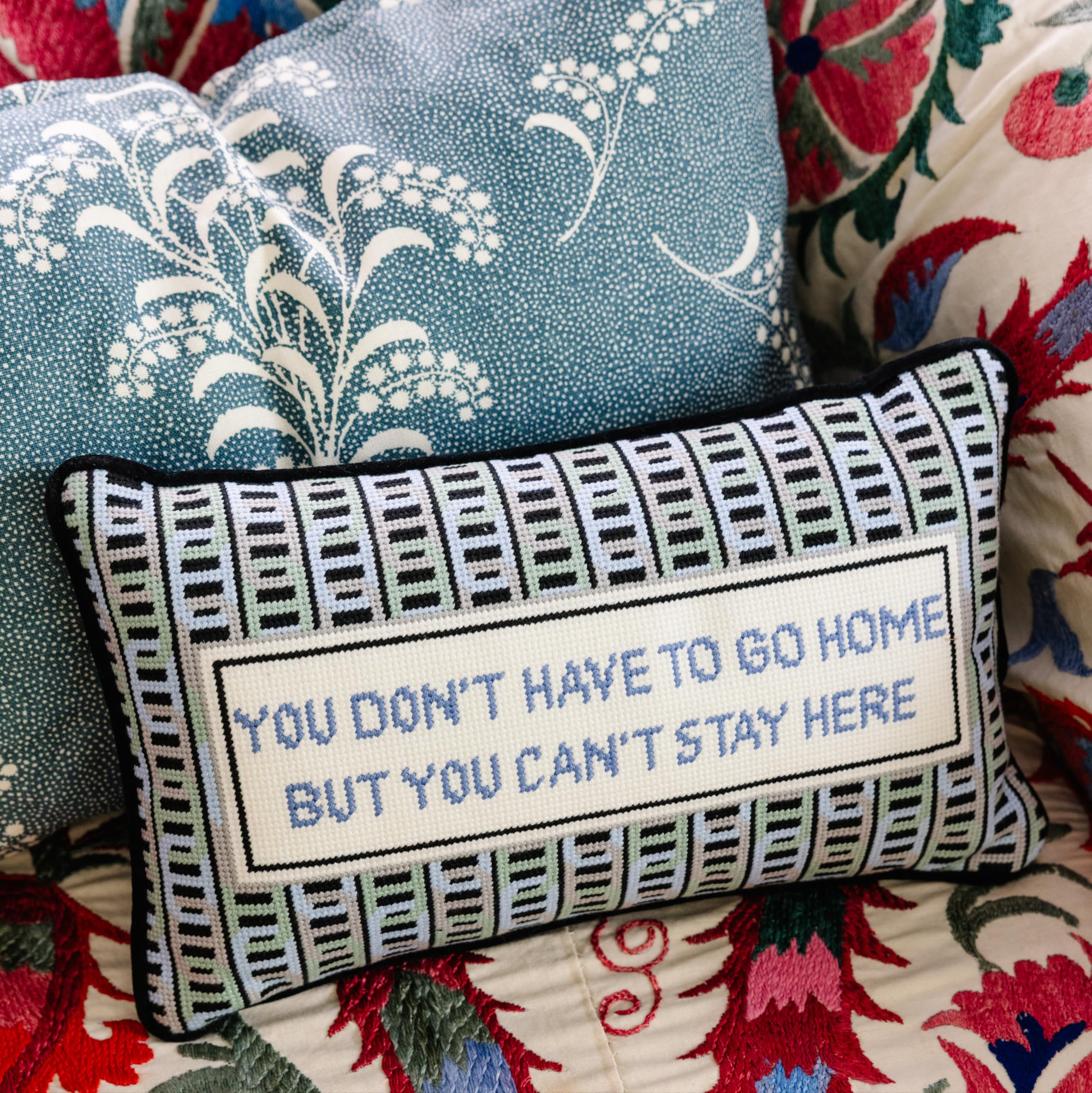 Needlepoint Decorative Throw Pillow - Can't Stay Here - 9x15