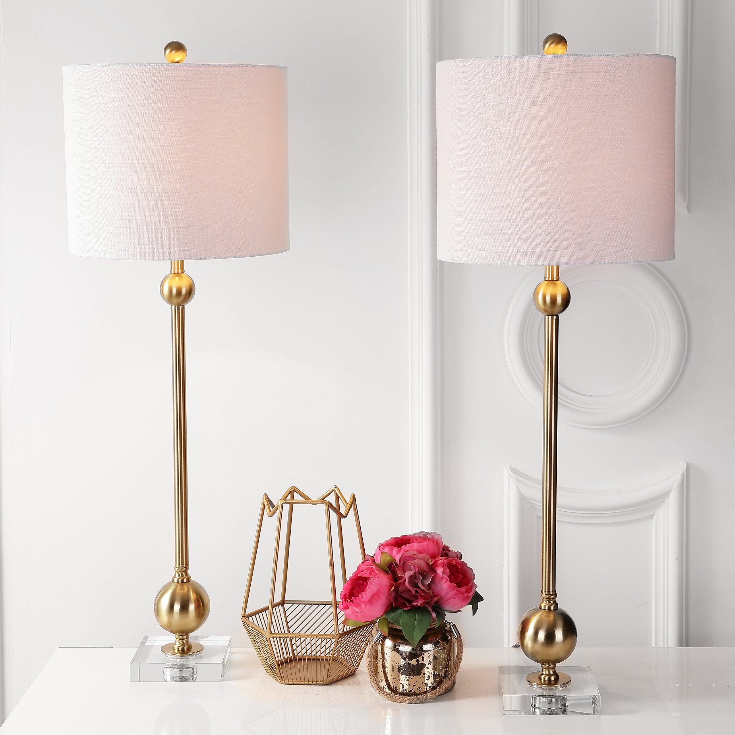 Mid-Century Modern Brass Crystal Table Lamp Set