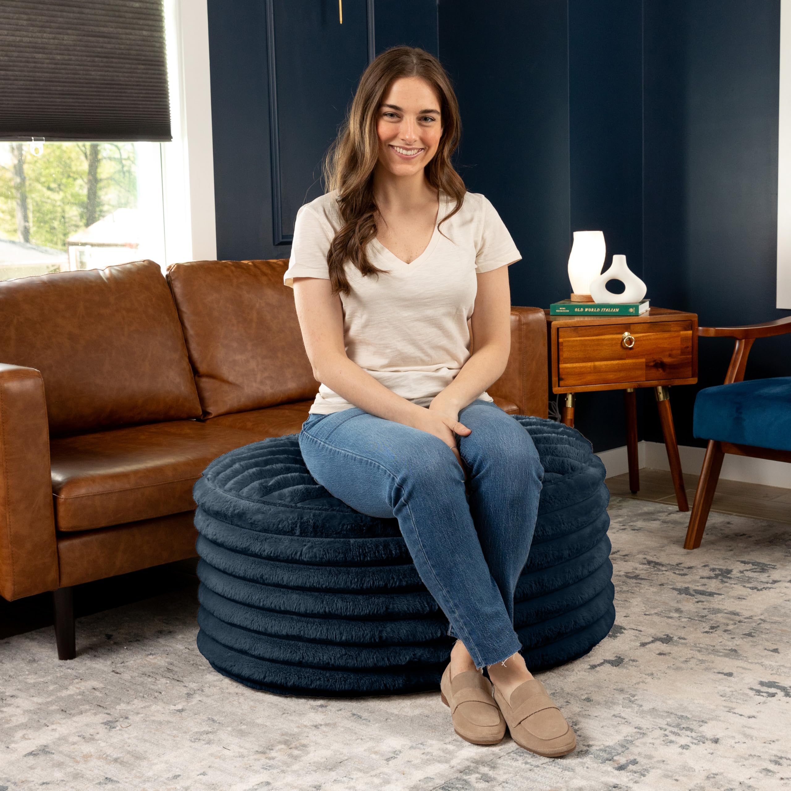 Faux Fur Accent Pouf Ottoman - Large Midnight Blue