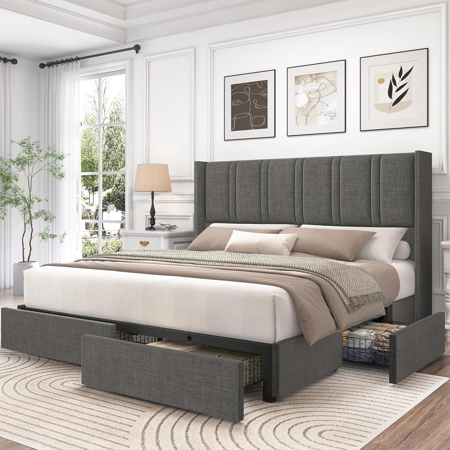 King Size Bed Frame with Storage Drawers and Wingback Headboard