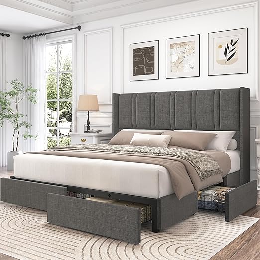 King Size Bed Frame with Storage Drawers and Wingback Headboard