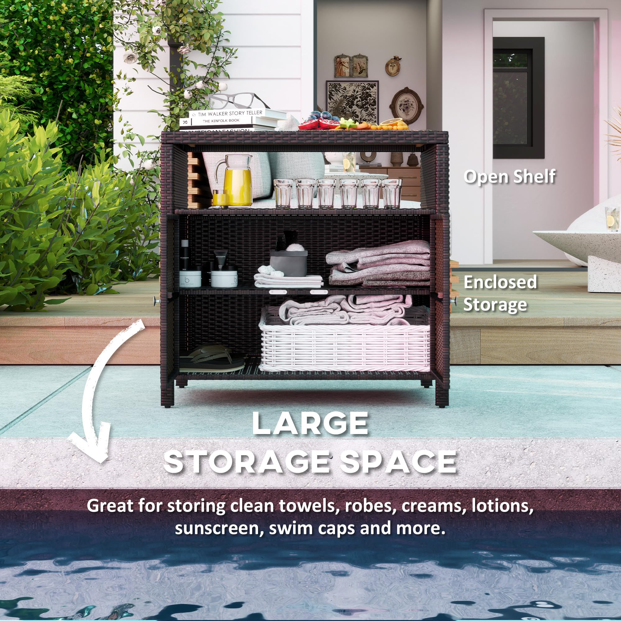 Wicker Outdoor Storage Cabinet with Acacia Wood Countertop