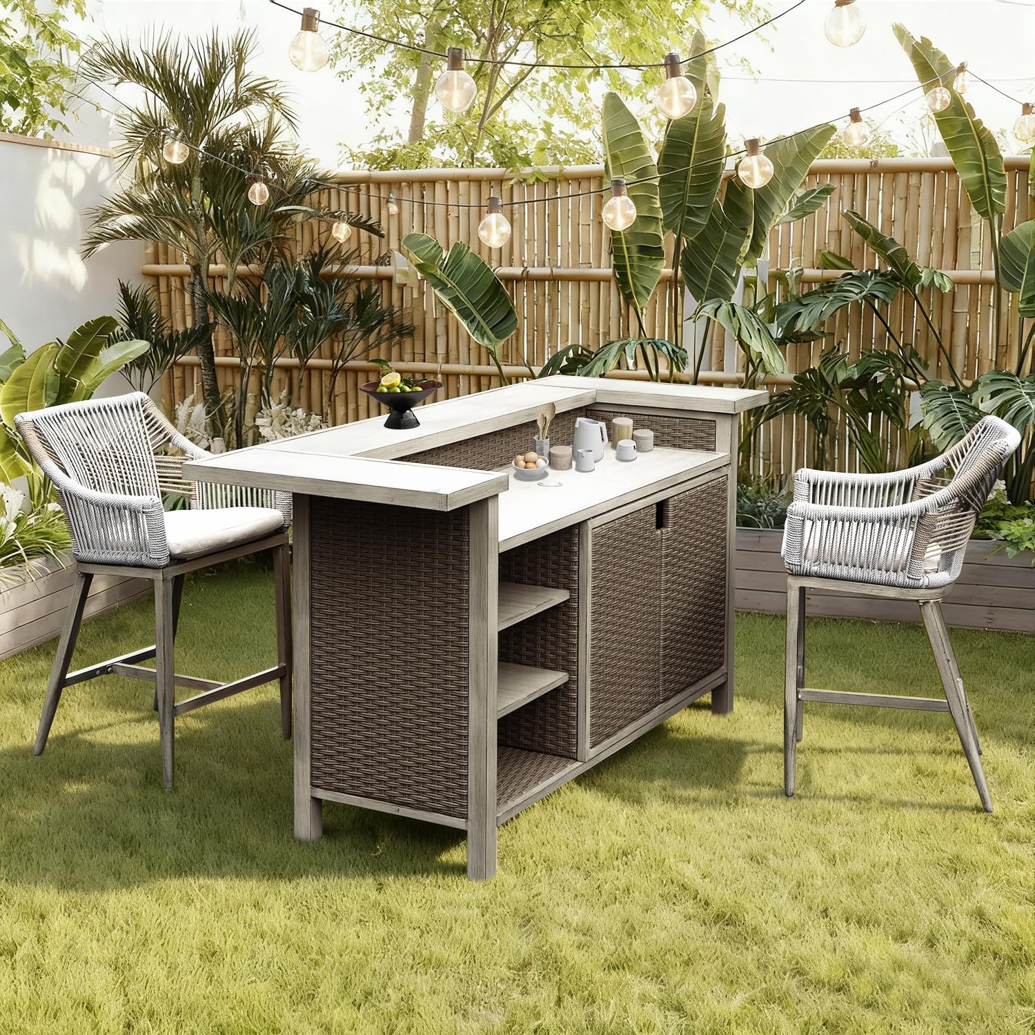 Outdoor Bar Table Set with 2 Stools