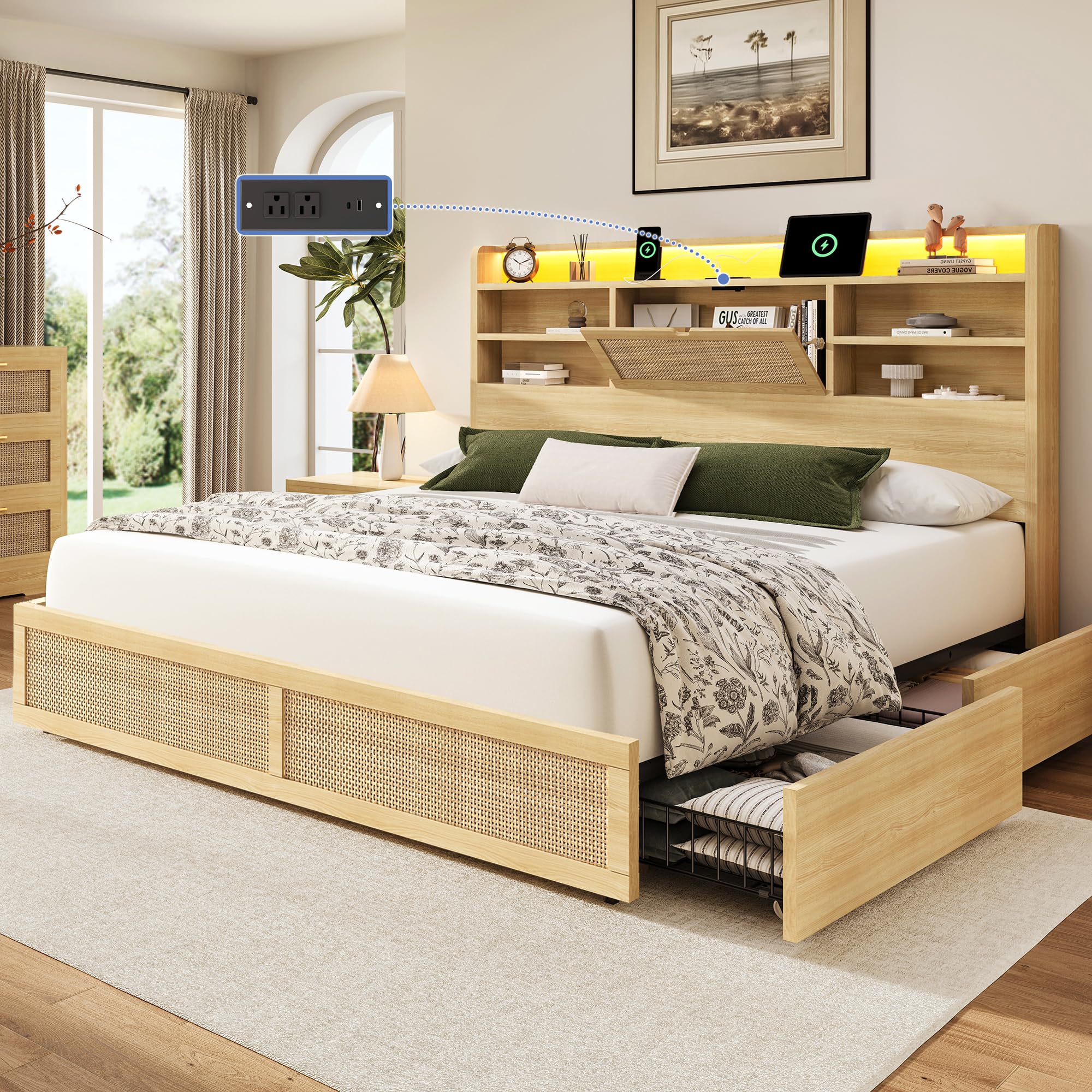 King Size Rattan Bed Frame with Storage Drawers and LED Lights